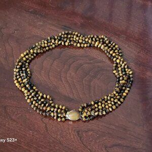RARE VINTAGE GUMPS TIGER'S EYE CABOCHON CLASP 14k NECKLACE 5 STRAND TORSADE